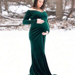 Elegant Green Velvet Maternity Dress